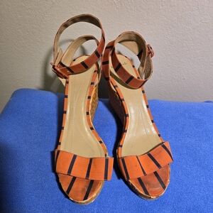 Kate Spade New York Cabana Wedge Wicker Sandals Orange & Black Stripe Size 11